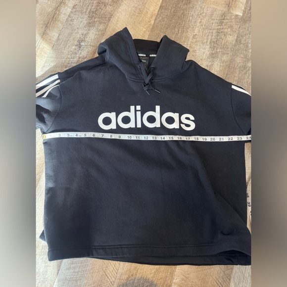Adidas XL black crop hoodie, transfer brand name, fabric arm stripes, drawstring - Picture 9 of 12